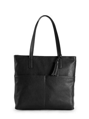 Classic Black Leather Tote Bag with Tassel